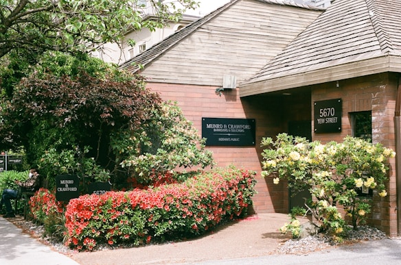 A brick building surrounded by lush greenery and vibrant flowers. The entrance is adorned with a sign reading 'Munro & Crawford, Barristers & Solicitors' and 'Notaries Public'. The address '5670 Yew Street' is displayed on a separate sign. There is a variety of foliage, including a large tree and shrubs with red and yellow flowers. A person is seated on a bench near the entrance, partially obscured by the plants.