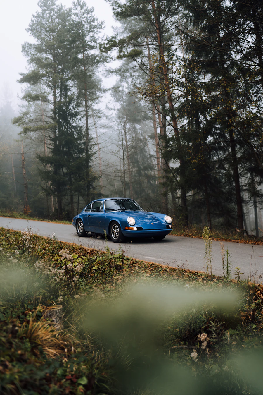 A blue classic coupé on an empty forest road in the mist