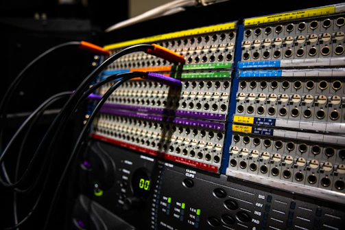 Close-up of a labeled patch panel showcasing organized network connections.