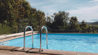 white swimming pool near green trees during daytime