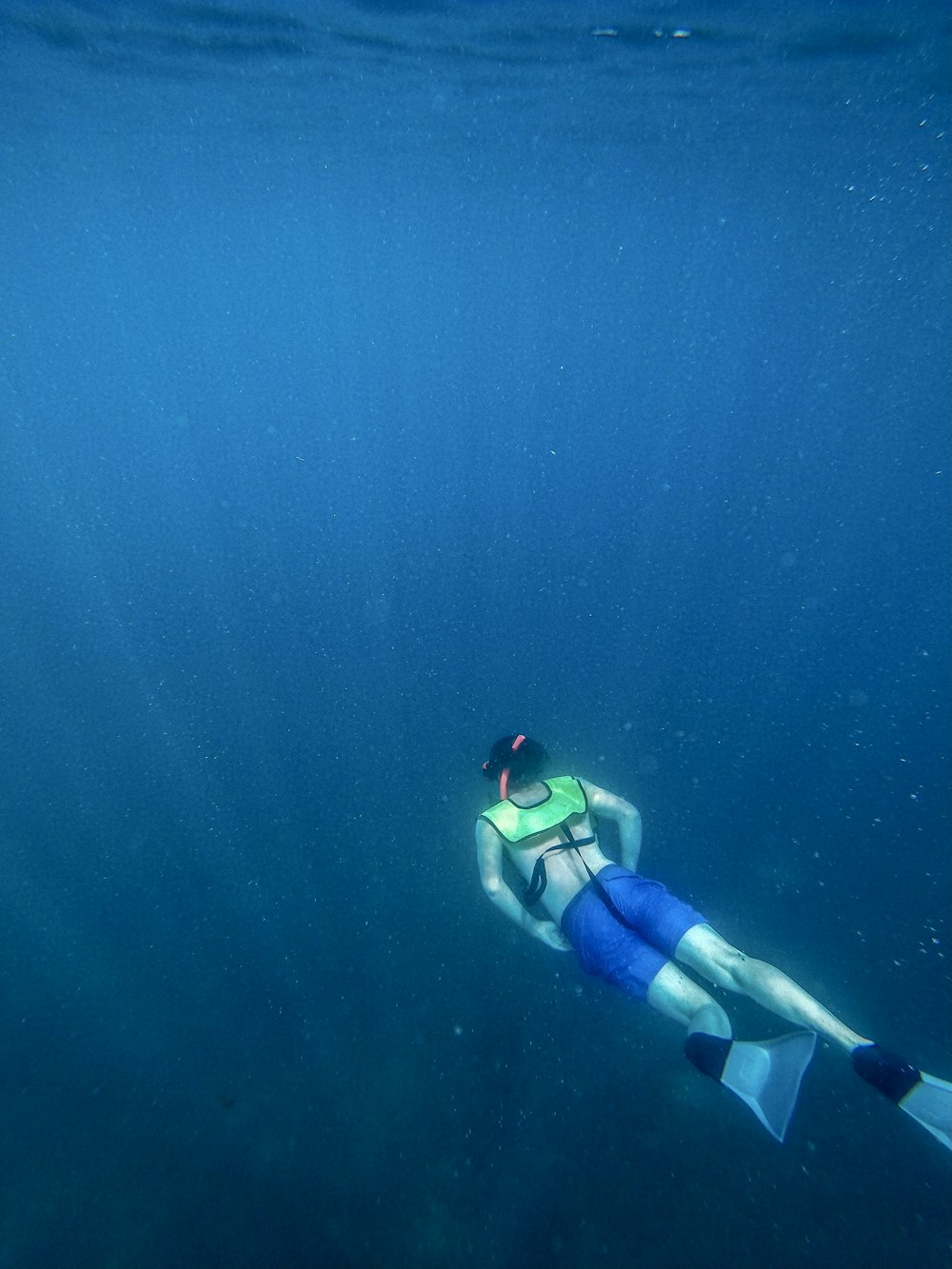 Persona con traje azul y blanco bajo el agua