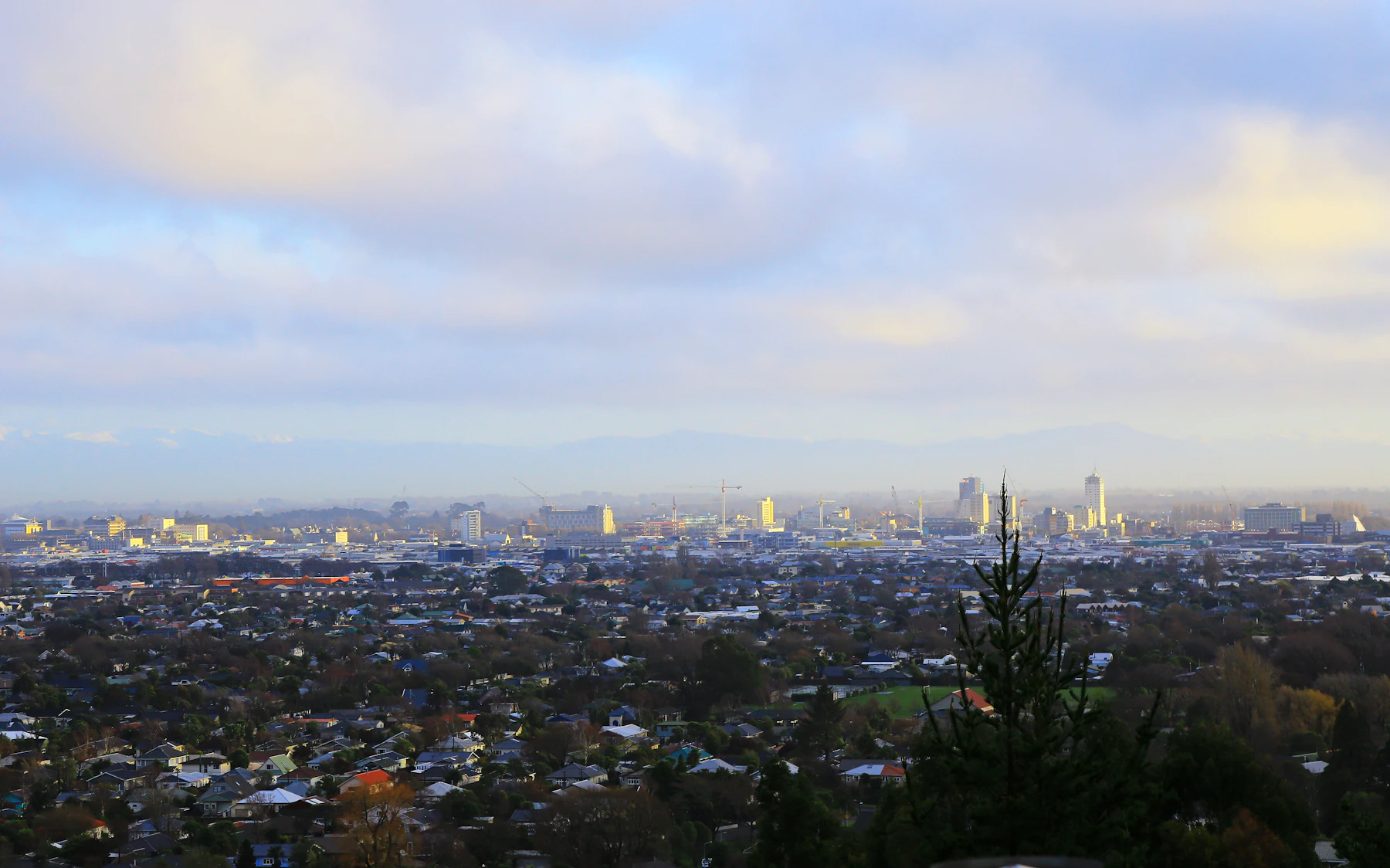 Christchurch city skyline illuminated at sunrise