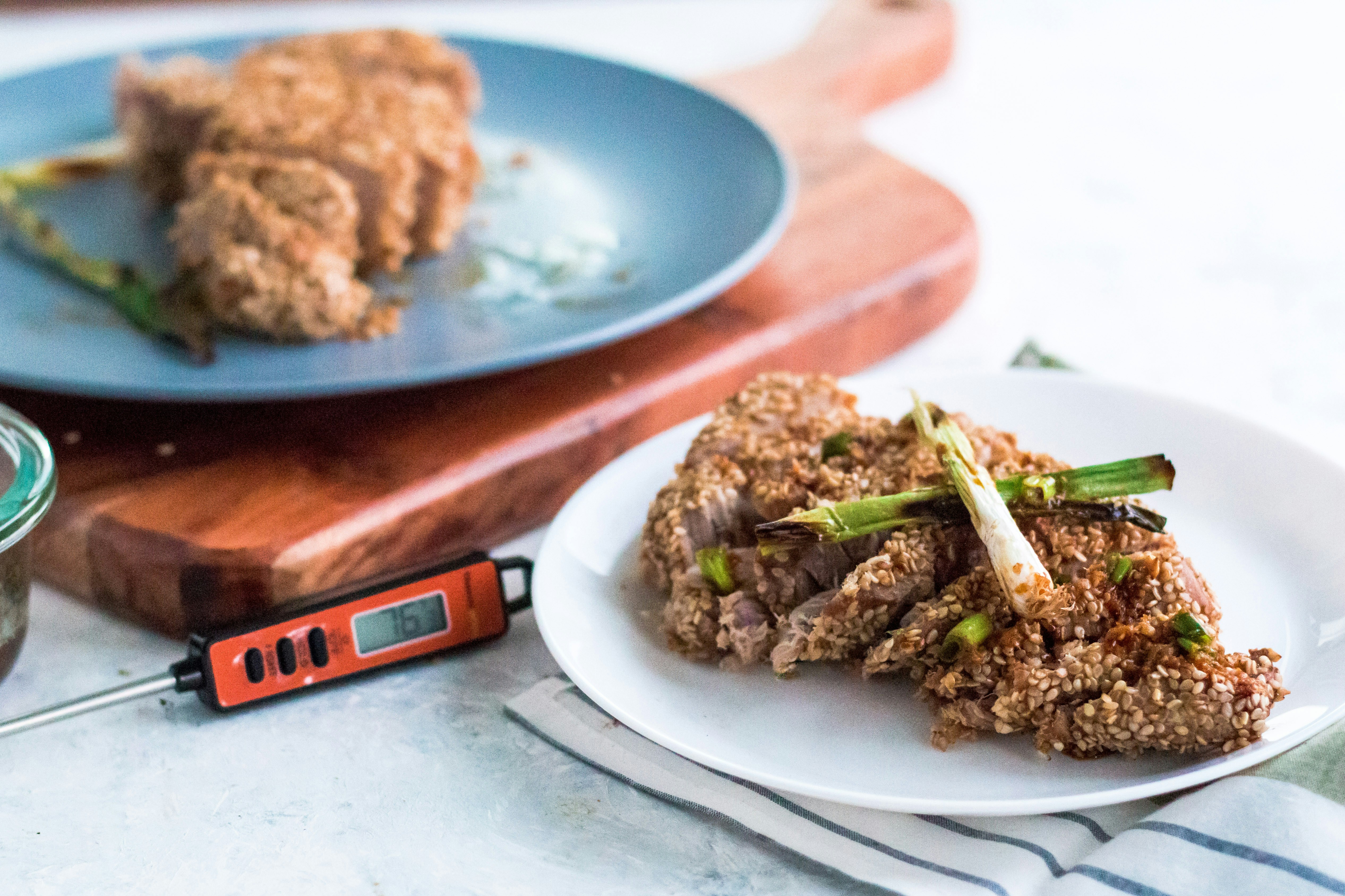 picture of a meal and food thermometer on a table