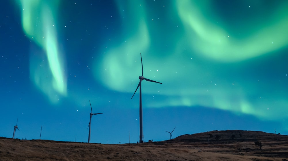 wind turbines on brown field under blue sky