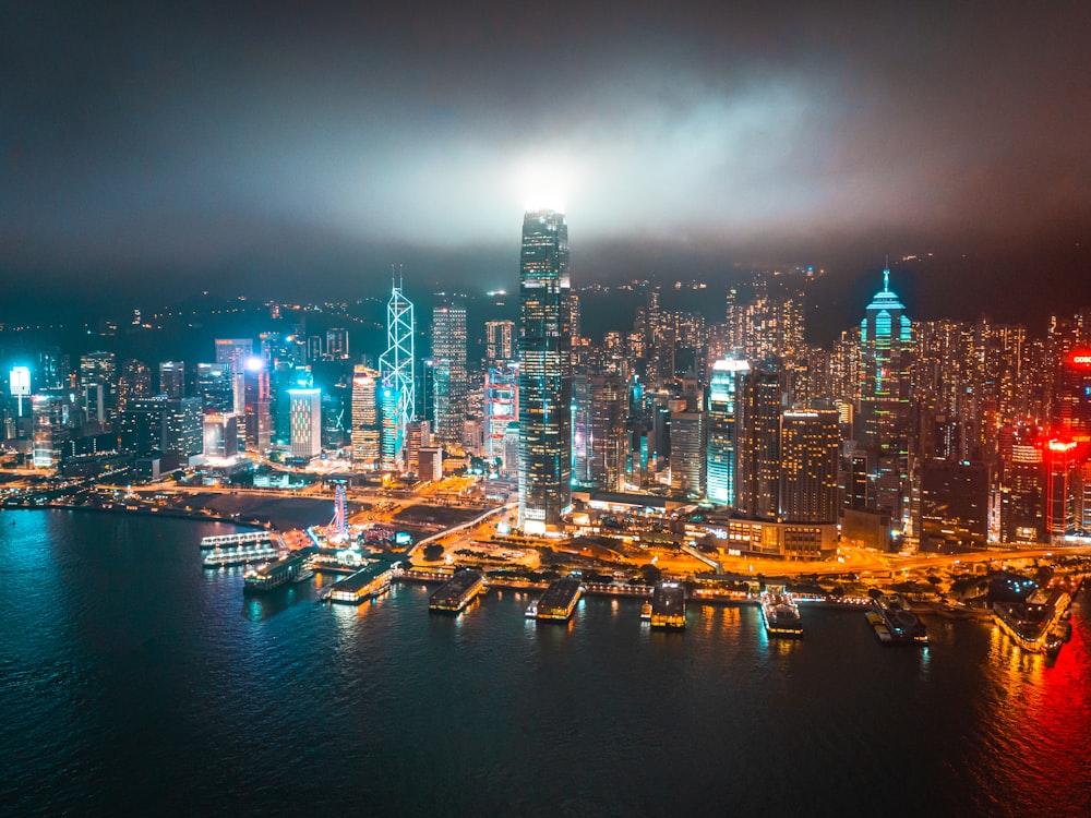 city skyline during night time