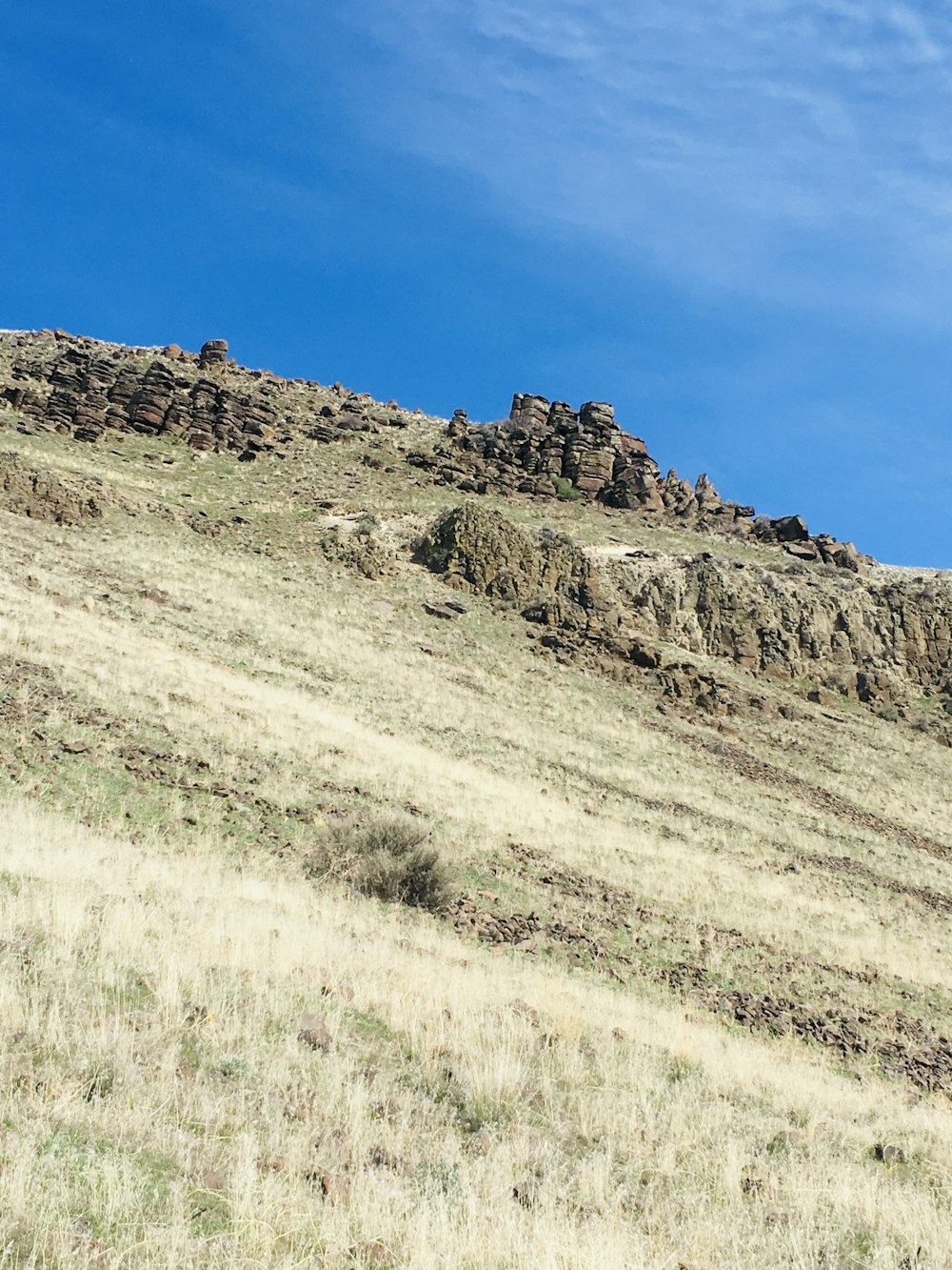 brown and green grass field near brown rock formation under blue sky during daytime