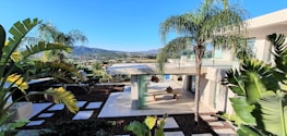 A smiling real estate agent showing a modern home with ocean and tropical plants in the background.