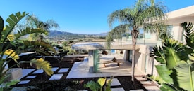 A modern house with large glass windows and a patio surrounded by lush green palm trees and tropical plants. The landscape includes a distant view of mountains under a clear blue sky. The foreground showcases geometric stepping stones set in dark soil, leading to the house.