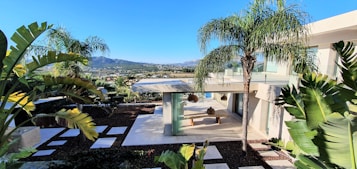 A modern house with large glass windows and a patio surrounded by lush green palm trees and tropical plants. The landscape includes a distant view of mountains under a clear blue sky. The foreground showcases geometric stepping stones set in dark soil, leading to the house.