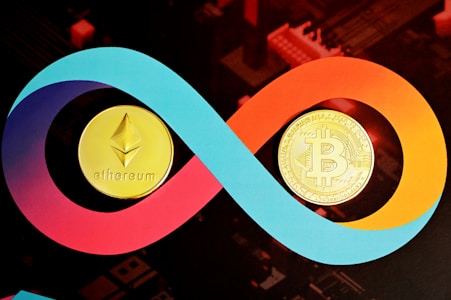 Two cryptocurrency coins, Ethereum and Bitcoin, are prominently displayed within a colorful infinity loop design. The Ethereum coin is positioned on the left, and the Bitcoin coin is on the right, both appearing gold and metallic against the vibrant swirling background of blue, red, and orange.
