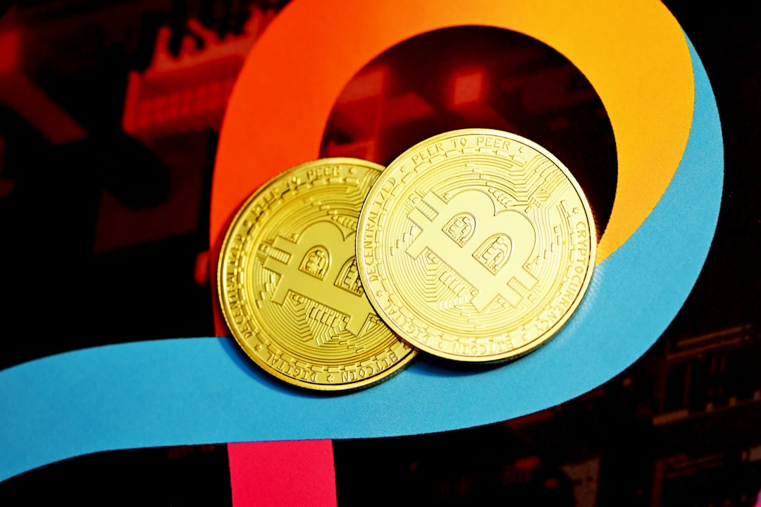 gold round coin on blue and orange box, Scampi Cryptocurrency