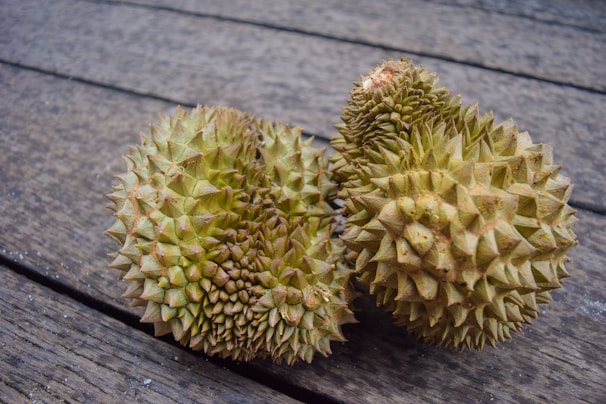 Two durian fruits with a spiky rind are resting side by side on a wooden surface. The surface appears weathered, adding texture to the background.
