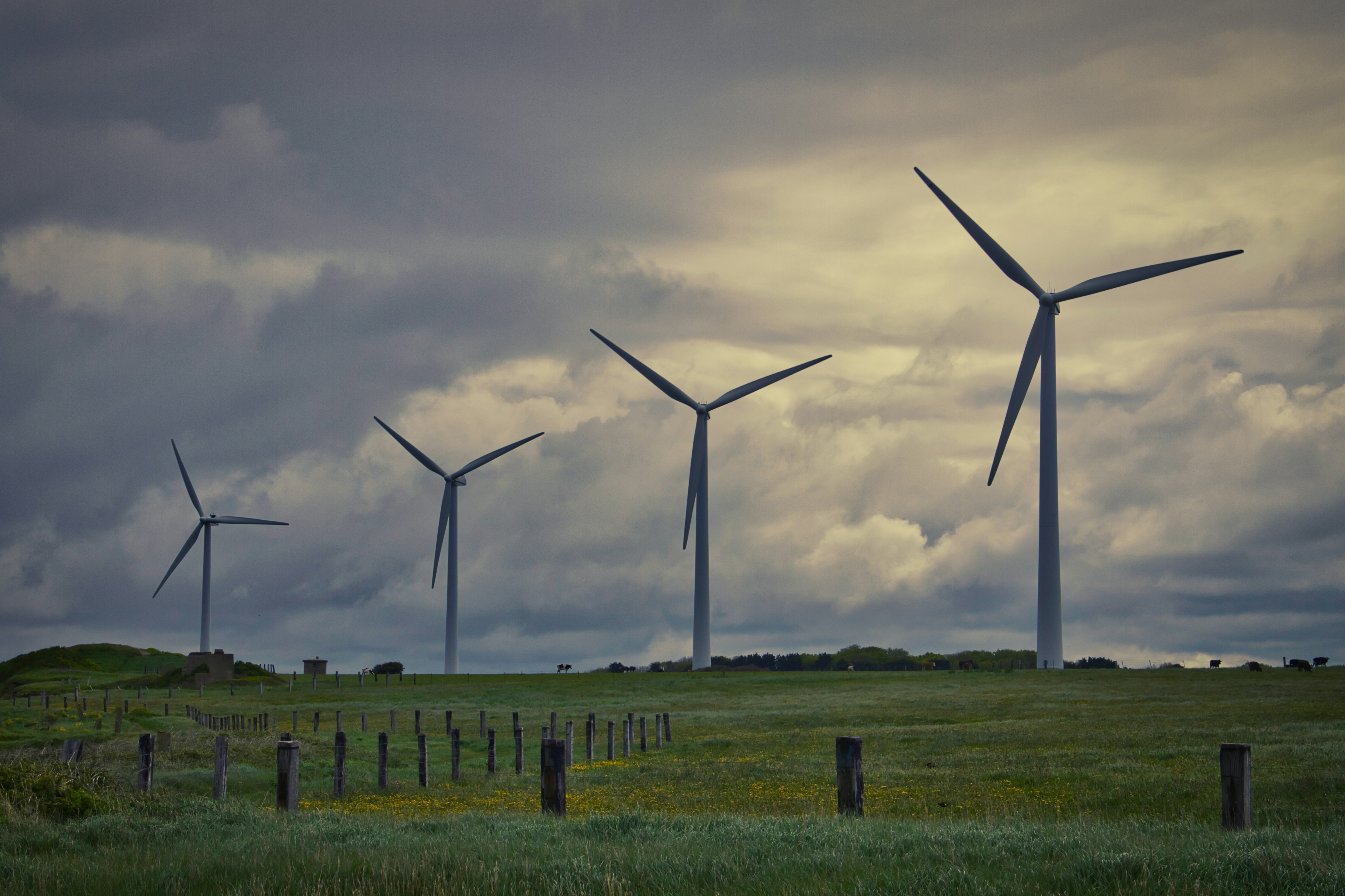 wind turbines on green grass field under white clouds