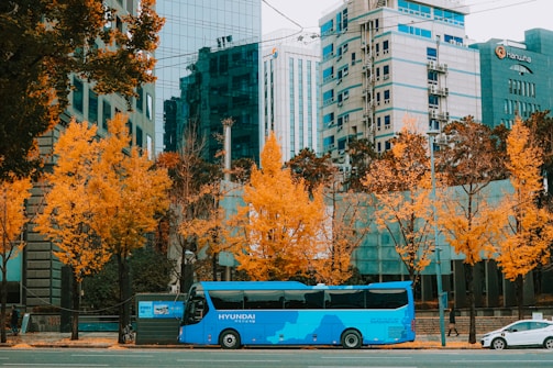 Blue and gold themed public transportation vehicle in city setting.