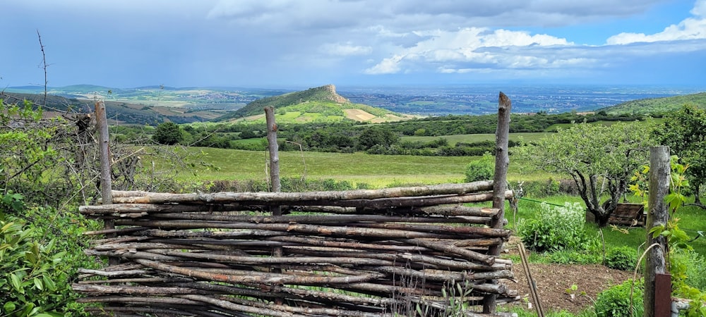 clôture en bois marron sur un champ d’herbe verte pendant la journée