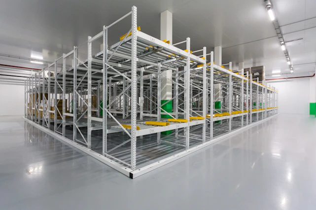 A clean, modern warehouse with shelves stocked full of bulk products ready for shipment.