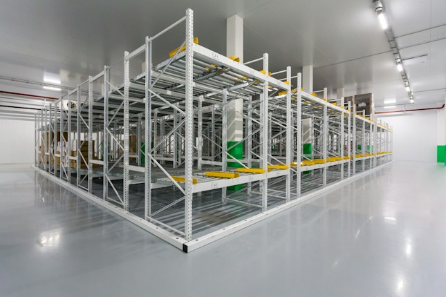 An empty industrial warehouse with metal shelves organized in rows. The polished gray floor reflects the overhead fluorescent lighting. The shelves are sturdy, with yellow guards and identification labels. The environment appears clean and spacious.