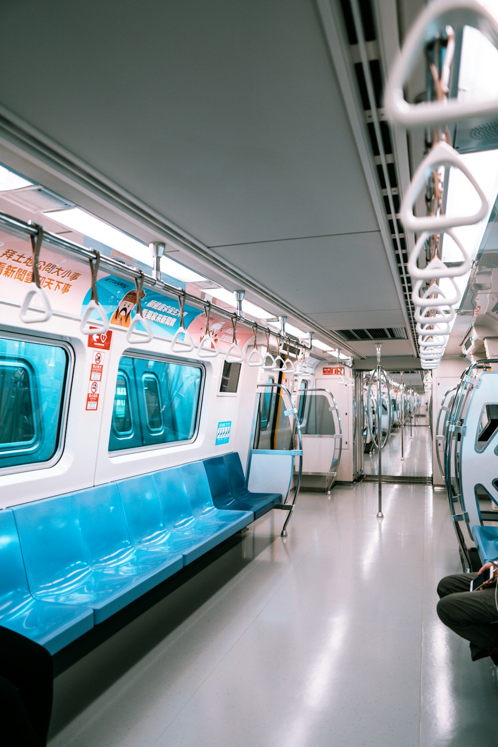 blue and white train seats