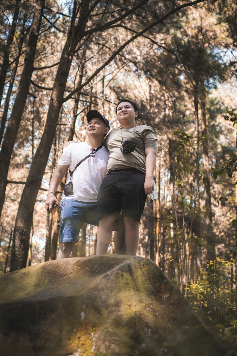 man and woman standing on tree trunk during daytime