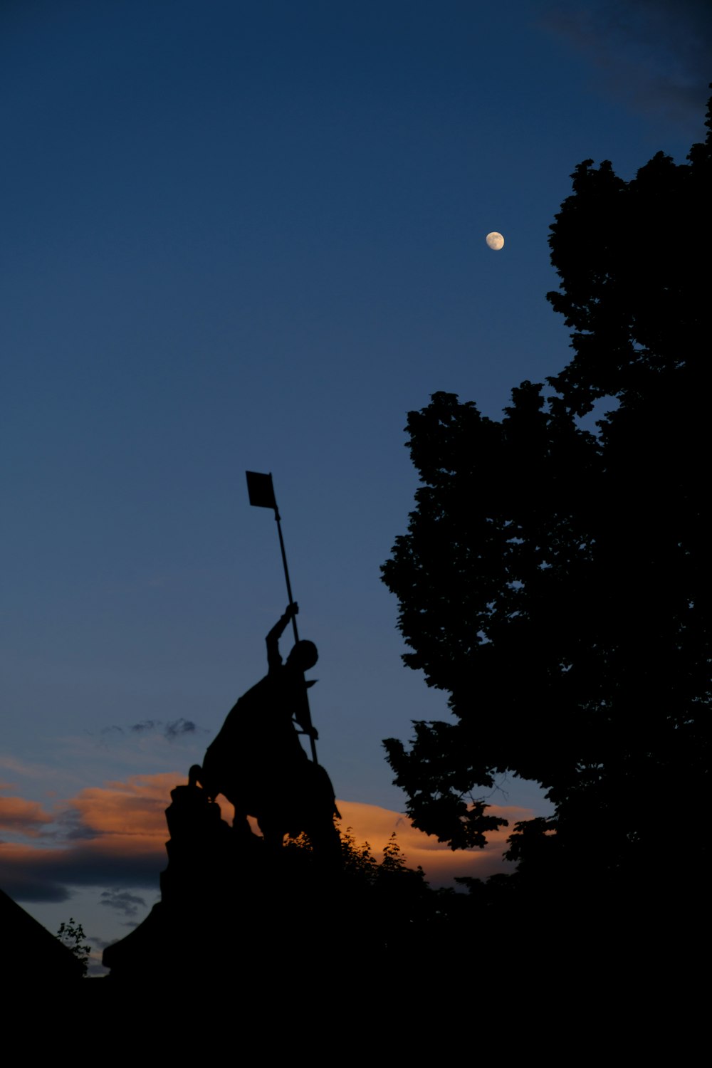 silhouette of man holding a flag of us a during sunset