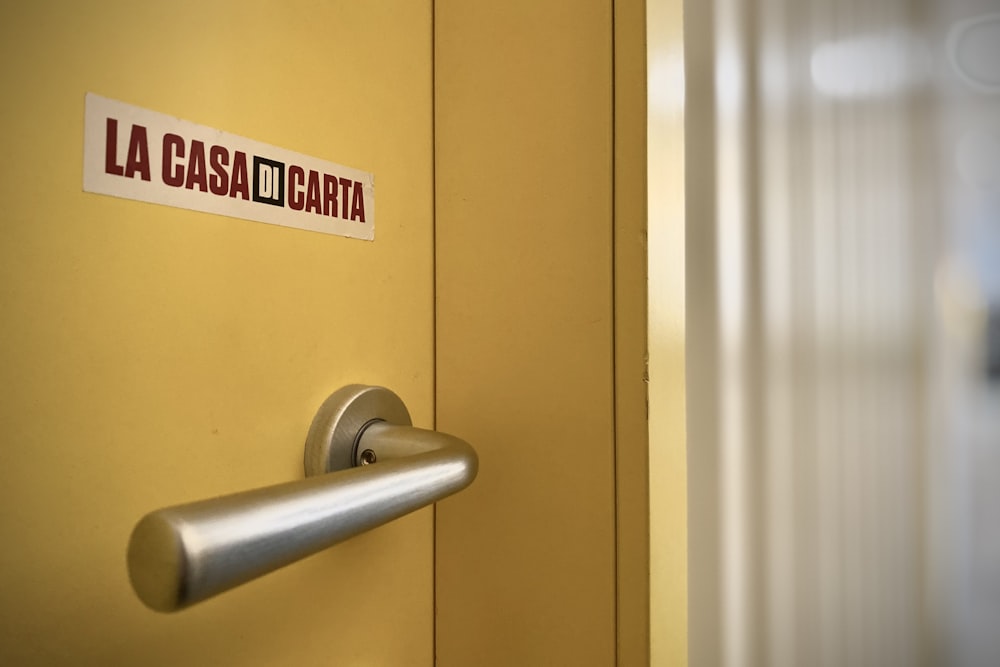 stainless steel door lever on yellow door