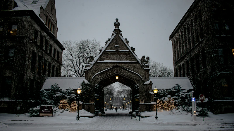 A University of Chicago building covered in snow, in the Hyde Park neighborhood