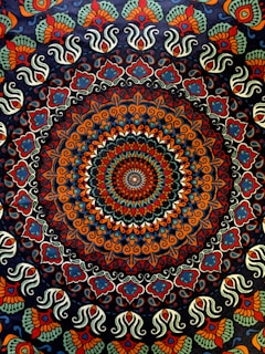A complex, colorful mandala featuring a circular pattern with intricate, symmetrical designs. The central area is dominated by a concentric arrangement of shapes and colors, creating a kaleidoscopic effect. The outer regions of the mandala are adorned with repeating paisley and floral motifs, showcasing an elaborate and vibrant design.