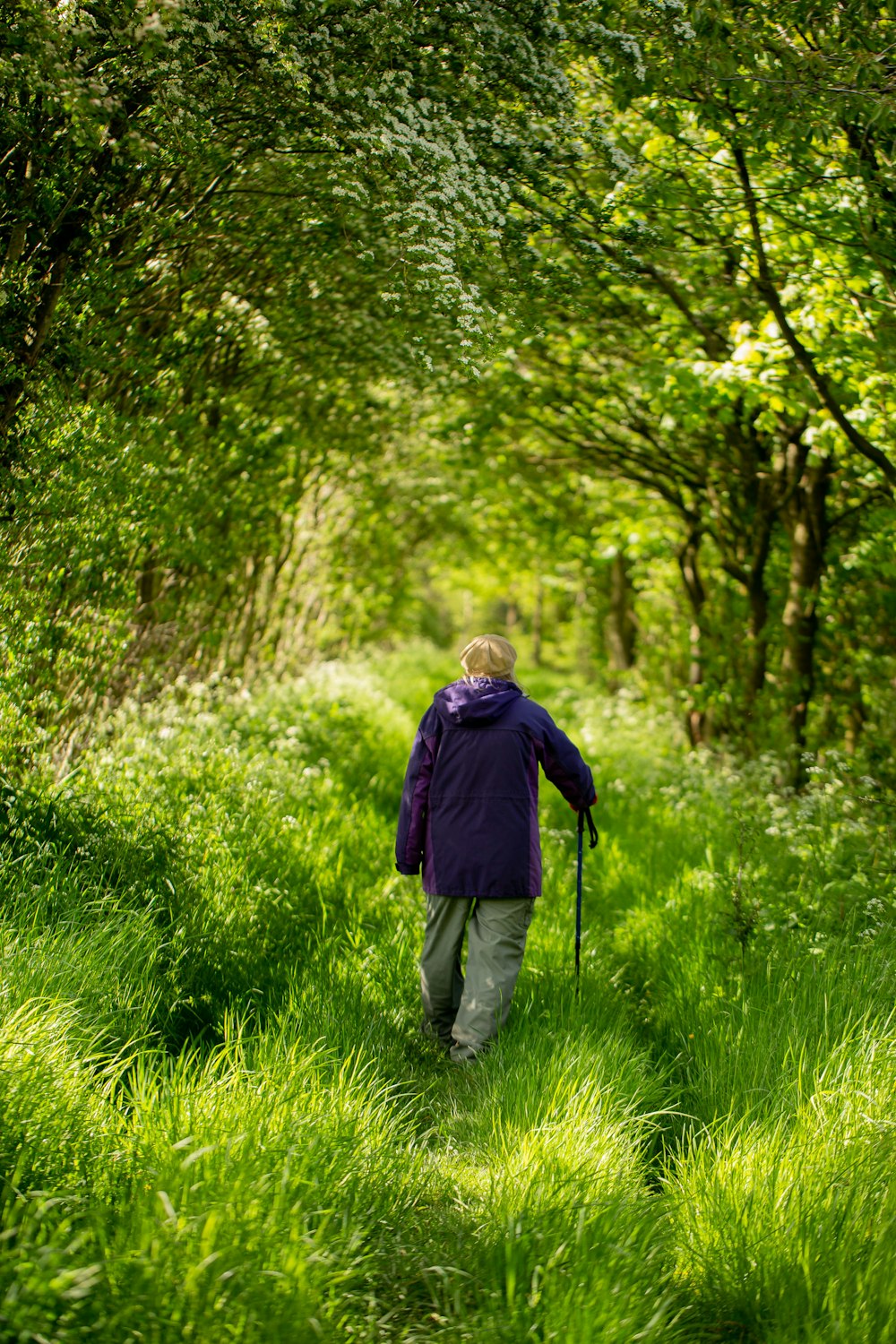Mann in lila Jacke geht tagsüber auf grünem Rasen spazieren