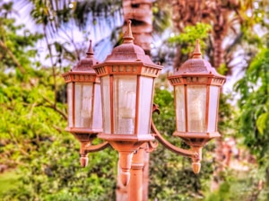 Three vintage-style street lamps with a brown metallic finish are positioned against a lush green background of trees and foliage. The lamps have frosted glass that adds to their antique appearance.
