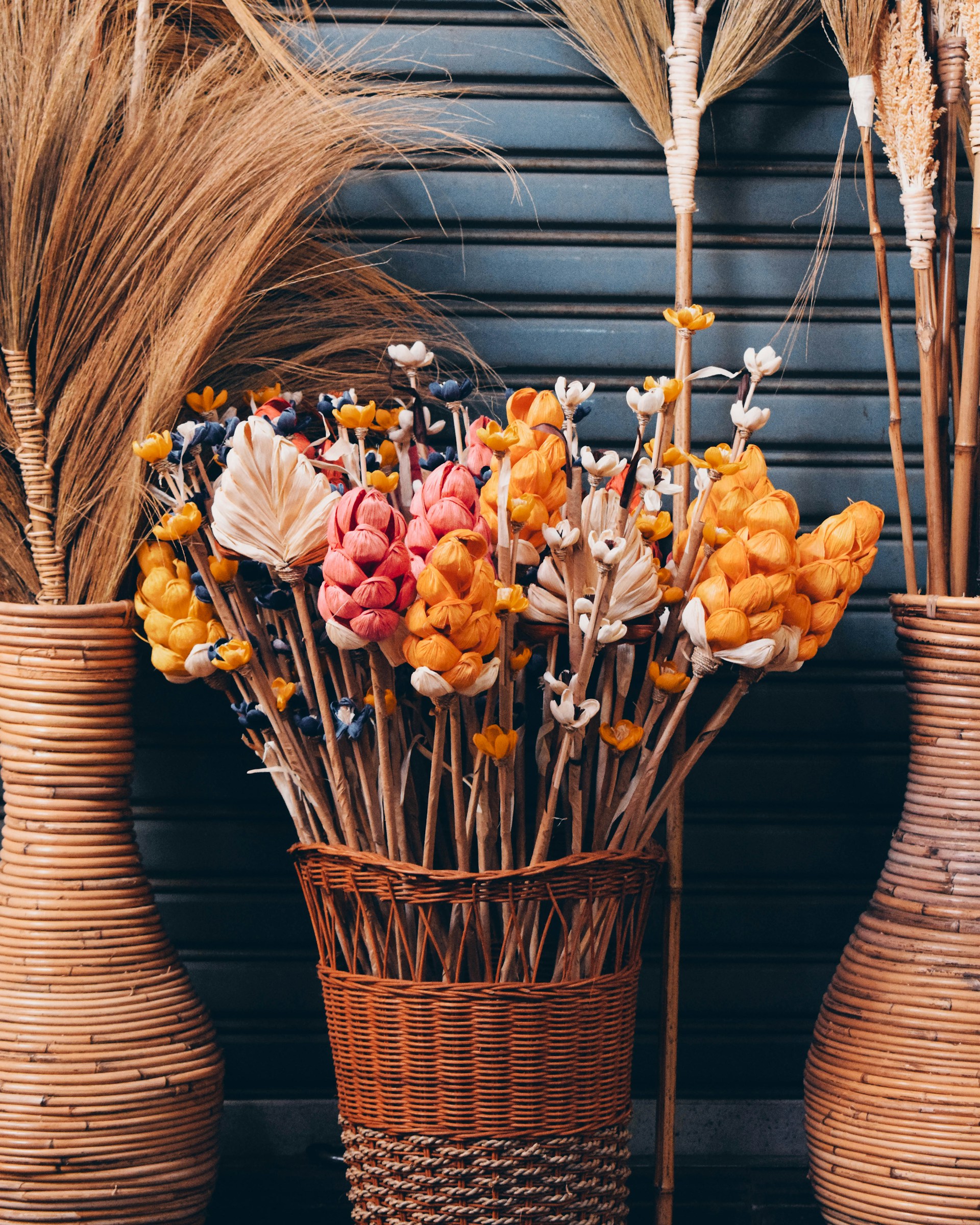 brown wicker basket with yellow flowers