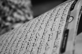 Black and white photo of a page with Arabic script, showing neatly written characters in rows with diacritical marks.
