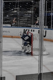 A hockey goalie in dark gear is positioned next to the net on an ice rink. The rink is enclosed with transparent panels, and there are a few spectators in the partially filled stands behind. The scene is dimly lit, with some advertising visible on the boards surrounding the rink.