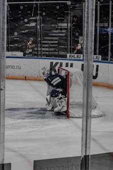 A hockey goalie in dark gear is positioned next to the net on an ice rink. The rink is enclosed with transparent panels, and there are a few spectators in the partially filled stands behind. The scene is dimly lit, with some advertising visible on the boards surrounding the rink.