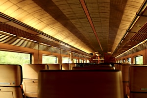 A vintage interior of a train car is depicted, featuring wooden paneling and warm lighting. The ceiling is arched and covered with an intricate pattern. Rows of seats are visible, and the windows reveal a blurred view of the passing scenery.