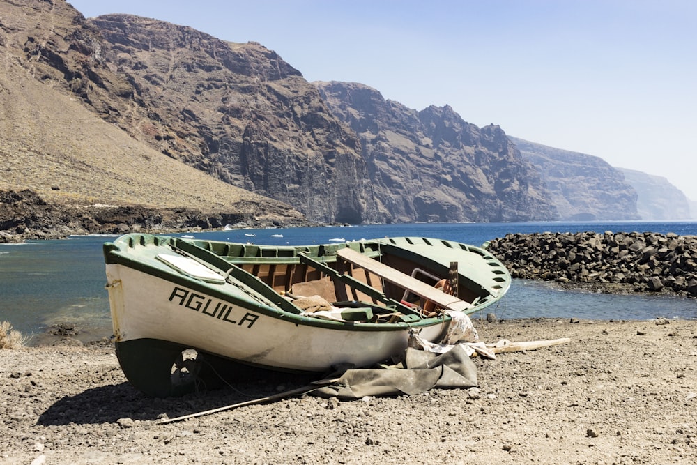 green and white boat on beach during daytime