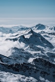 A panoramic view of snow-capped Himalayan peaks under a clear blue sky.