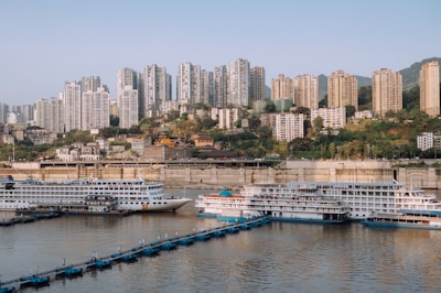 Cruise ships docked along a river with a backdrop of a densely populated cityscape featuring numerous high-rise buildings. Trees and greenery are interspersed among the buildings, and a concrete embankment separates the urban area from the water.