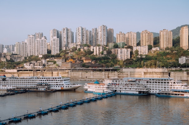Cruise ships docked along a river with a backdrop of a densely populated cityscape featuring numerous high-rise buildings. Trees and greenery are interspersed among the buildings, and a concrete embankment separates the urban area from the water.