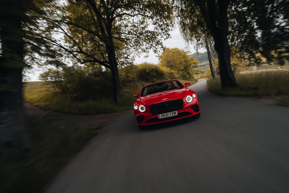 red car on road near trees during daytime