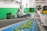 Two workers dressed in protective clothing are inspecting and sorting green leafy vegetables on a blue conveyor belt inside a factory setting. The environment is clean with green and white walls, and there are pieces of industrial equipment and yellow forklifts in the background.