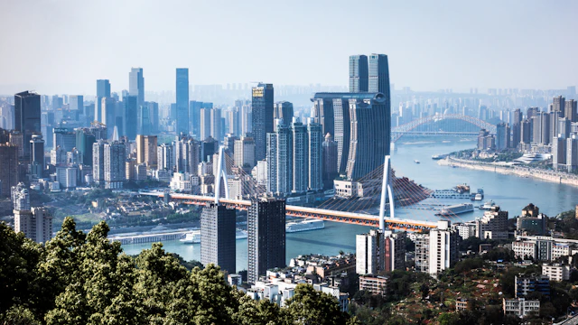 Riverfront skyline and bridge in Chongqing