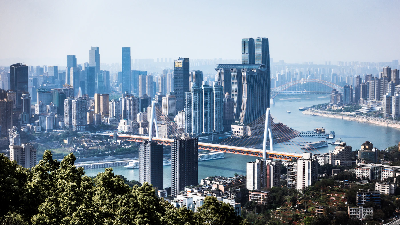 Riverfront skyline and bridge in Chongqing