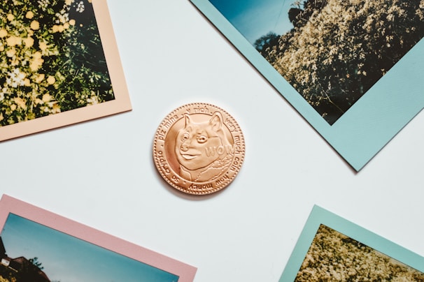A shiny coin featuring a Shiba Inu dog design is centered, surrounded by four polaroid-style photographs with pastel-colored borders. The backgrounds of the photos depict various outdoor scenes with greenery and sky.