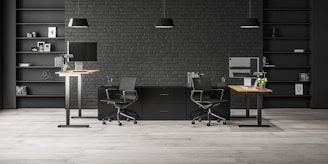 A modern office space with two workstations featuring adjustable desks and ergonomic chairs. The background includes a dark brick wall with symmetrical black shelves, adorned with minimalistic decor such as books, framed art, and plants. The lighting is provided by sleek pendant lamps.