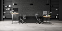 A modern office space with two workstations featuring adjustable desks and ergonomic chairs. The background includes a dark brick wall with symmetrical black shelves, adorned with minimalistic decor such as books, framed art, and plants. The lighting is provided by sleek pendant lamps.