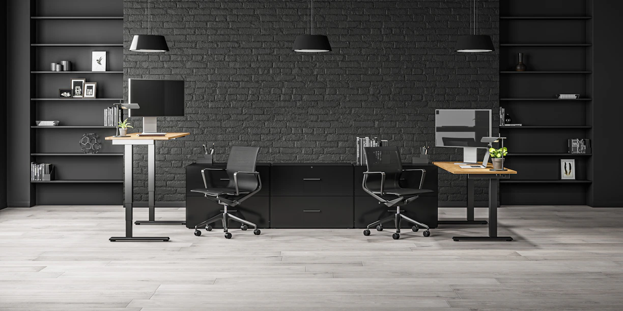 Modern office workspace with sleek desks and ergonomic chairs, bright and inviting atmosphere