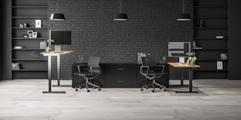 A modern office space with two workstations featuring adjustable desks and ergonomic chairs. The background includes a dark brick wall with symmetrical black shelves, adorned with minimalistic decor such as books, framed art, and plants. The lighting is provided by sleek pendant lamps.