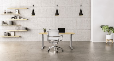 A minimalist office space with a sleek wooden desk and a modern chair set against a concrete wall. Three black pendant lights hang symmetrically above the desk. To the left, open wooden shelves are adorned with books, decorative items, and framed pictures. A potted plant adds a touch of greenery to the right side of the room.
