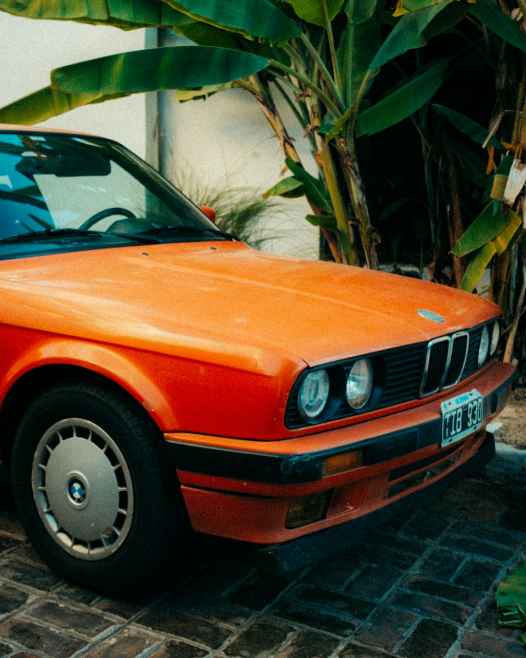 orange car parked beside green banana tree