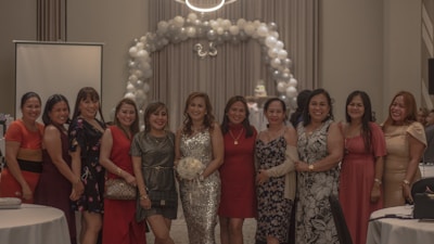 A group of women posing together while smiling, dressed in various elegant outfits. They are standing in a decorated indoor setting with balloons arranged in an arch behind them and tables with white tablecloths.